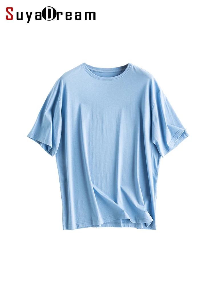 SuyaDream Damskie Luźne Koszulki Jedwabno-Lniano-Bawełniane Gładkie z Rękawami Nietoperzowymi Wygodne T-shirty Wiosna Lato 2023 Prosty Top Niebieski Biały