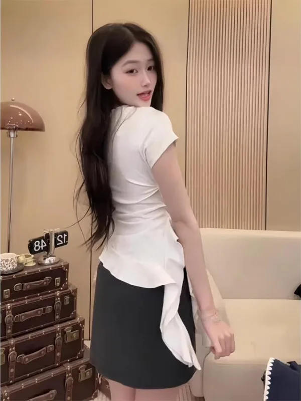 สลิมมิ่ง ort Sve เสื้อยืดสําหรับผู้หญิงขนาดบวก Ele Ruffle Hem เข็มขัดที่ไม่ซ้ํากันฤดูร้อนเกาหลี Sle เดินทาง Faion