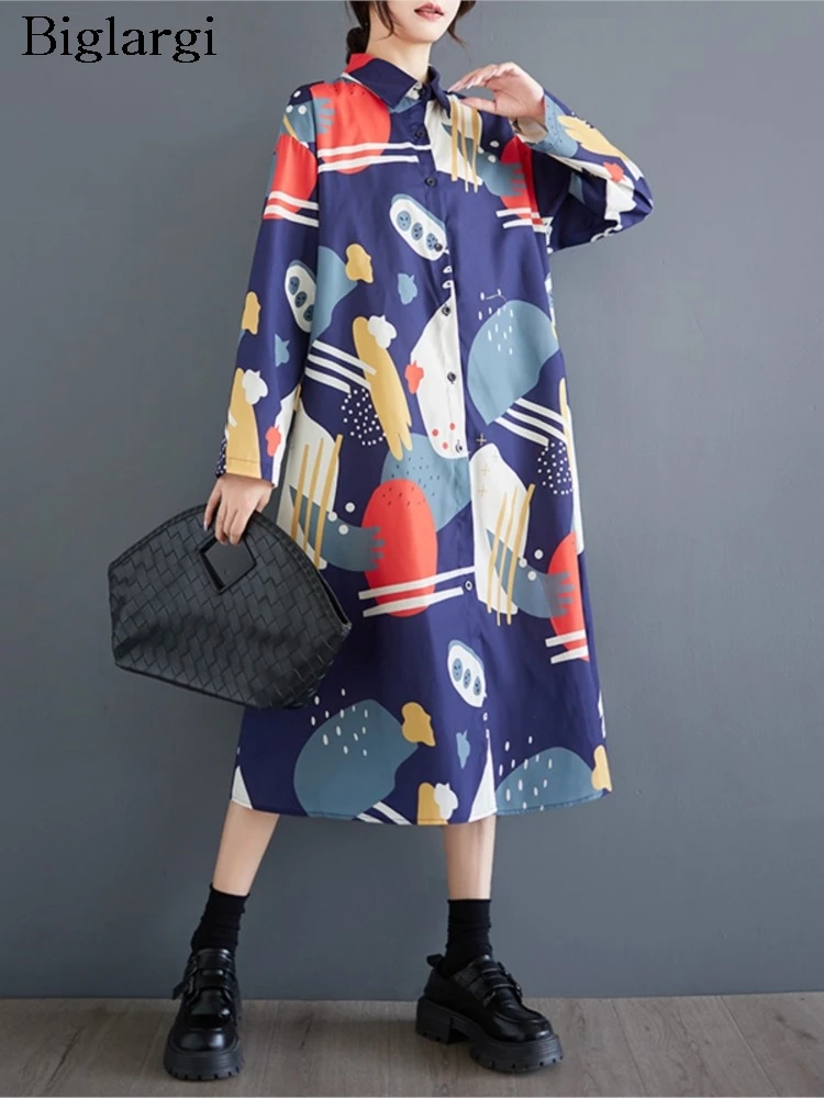 

Autumn Dress Women Graffiti Print Modis Long Sleeve Ladies Shirts Dresses Loose Oversized Ruffle Pleated Woman Long Shirt Dress