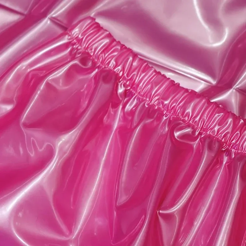 Man Sexy Pink PVC High Gloss Pullover Trousers Set Women Soft Long Sleeved Round Neck Shirt Lantern Pants ABDL Plastic Underwear
