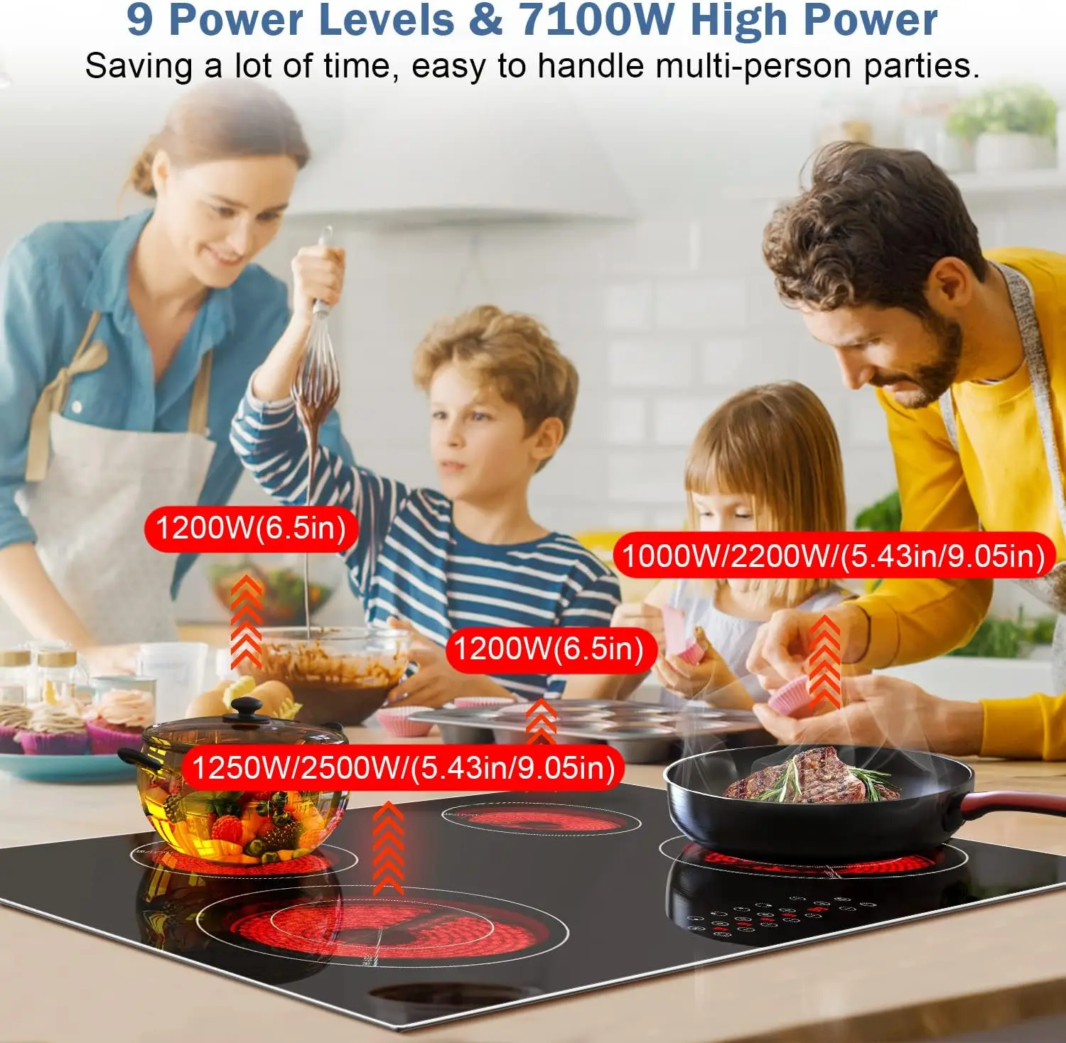 Electric Cooktop 30 Inch, 4 Burners 7100W Built-in Radiant Electric Stove Top, Ceramic Cooktop with Glass Protection Metal Frame