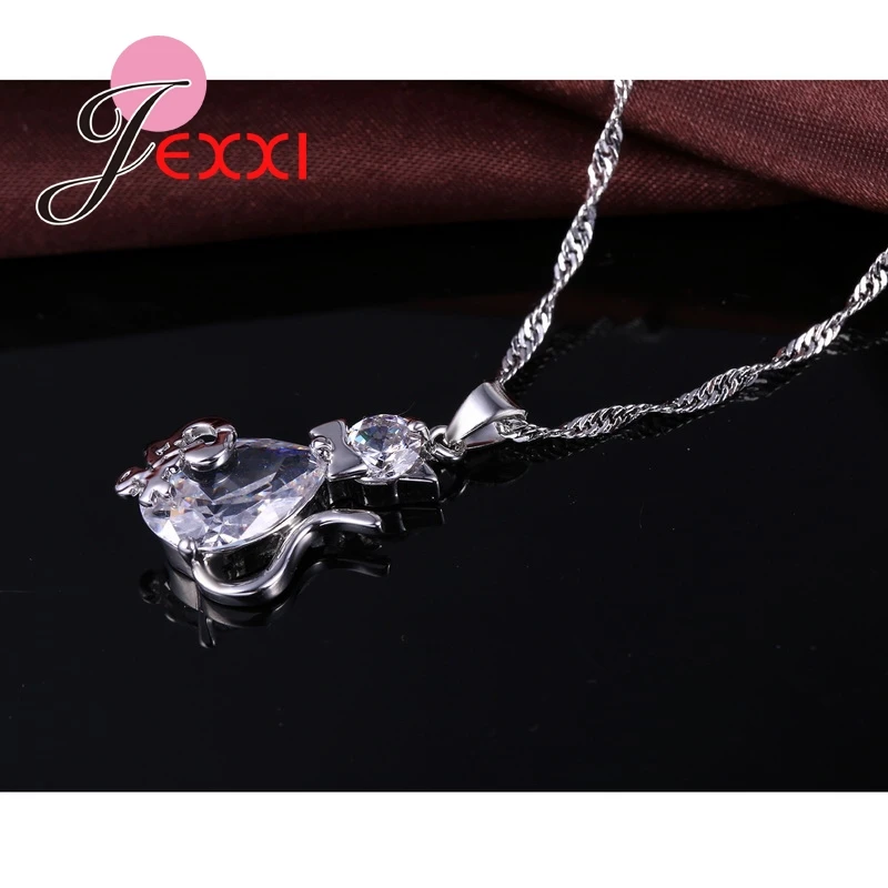 Genuine 925 Sterling Silver Lovely Cat Shape Cubic Zirconia Pendant Necklace Earrings Jewelry Sets For Women Ladies