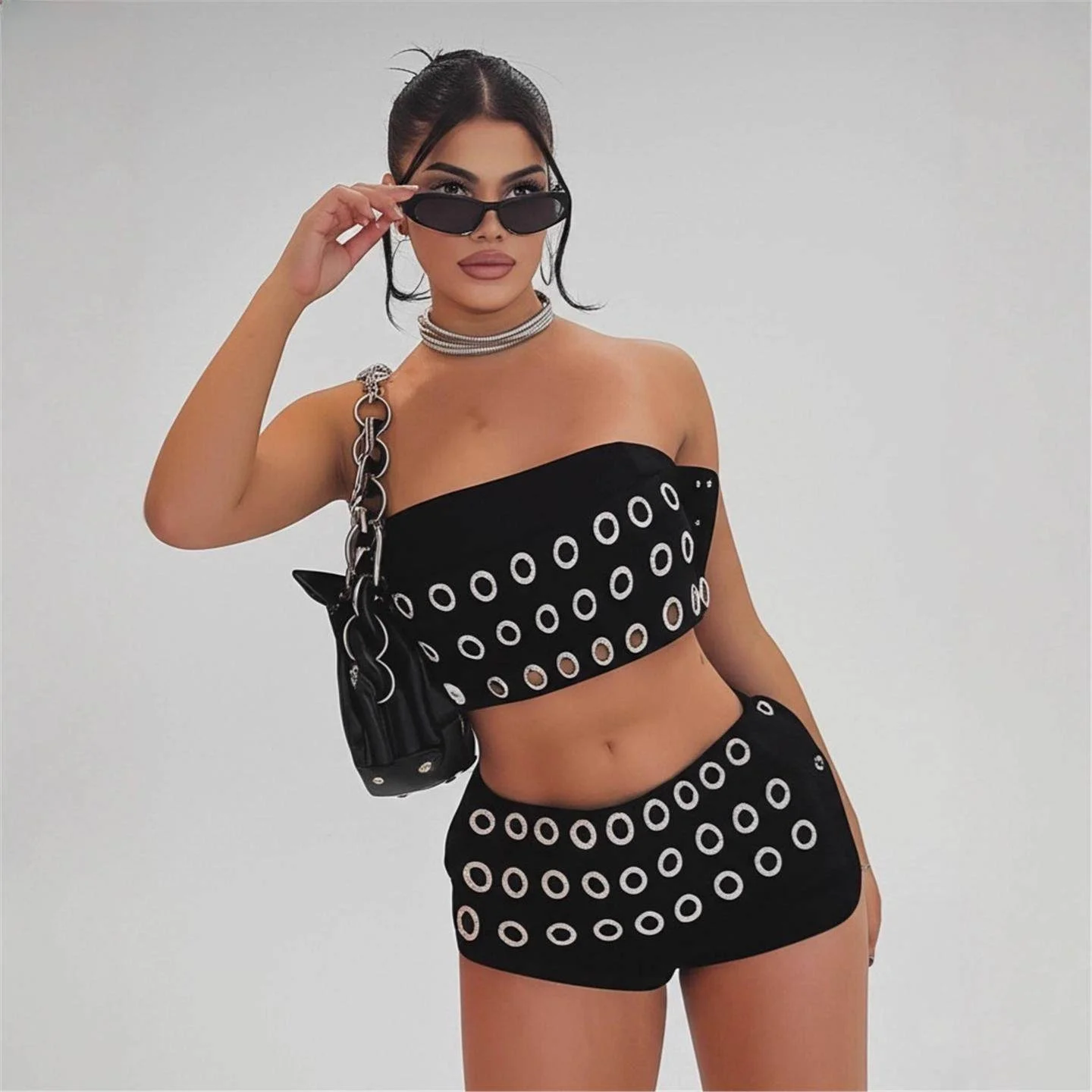 

Gothic Style Hollow out Top And Shorts Set Women's Punk Fashion Sleeveless Outfit Casual Winter Season Adult Size Clothing