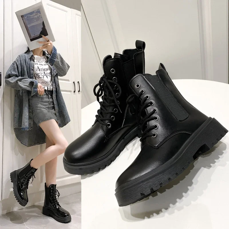 Women 2024 Autumn New Tooling Boots Lady Anti Slip Waterproof Lace Up Short Boots Students Casual Thick Heel Knight Boots