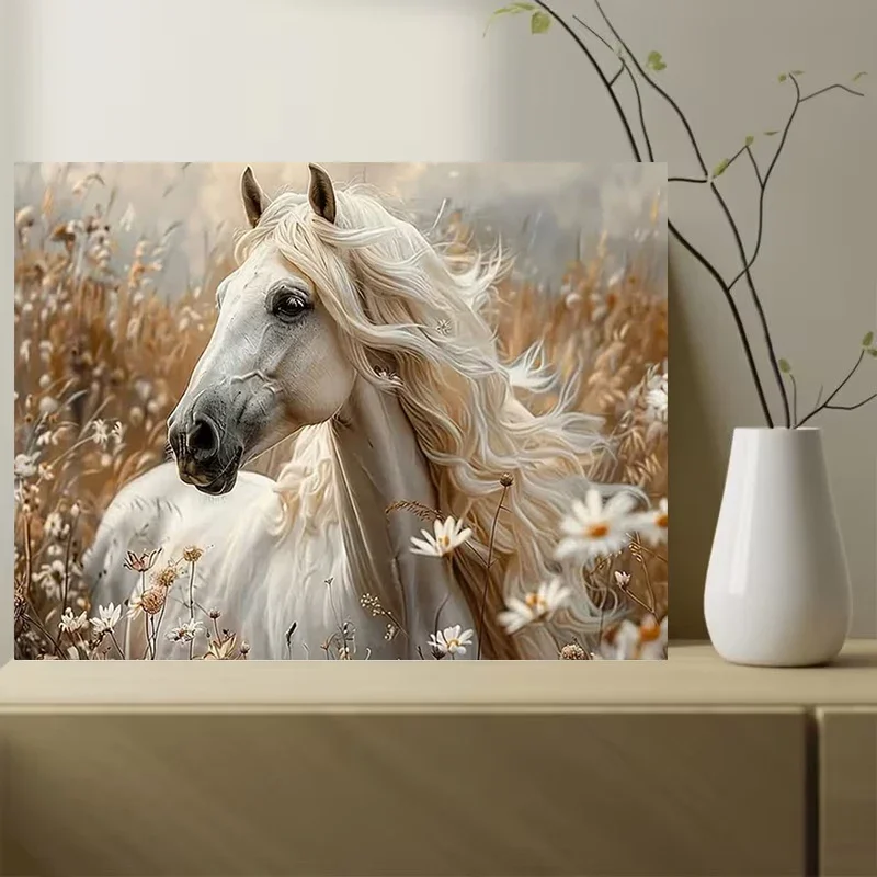 Multiple sizes 1pc frameless Canvas Painting,White Horse & Wild Flowers Landscape Horse Galloping Poster and Prints Canvas Paint