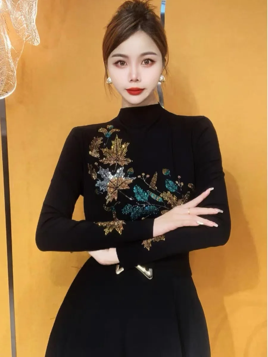 Elegant Long Sleeve Diamond Embellished Heavy Work Base Shirt Women's Autumn Winter Fashionable Versatile Half High Collar Top