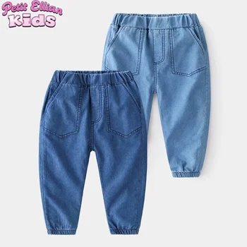 1-6Y Kids Boys Jeans Korean 2026 Spring Elastic Waist Denim Pants with Pockets Stylish Soft Autumn Casual Solid Color Trousers
