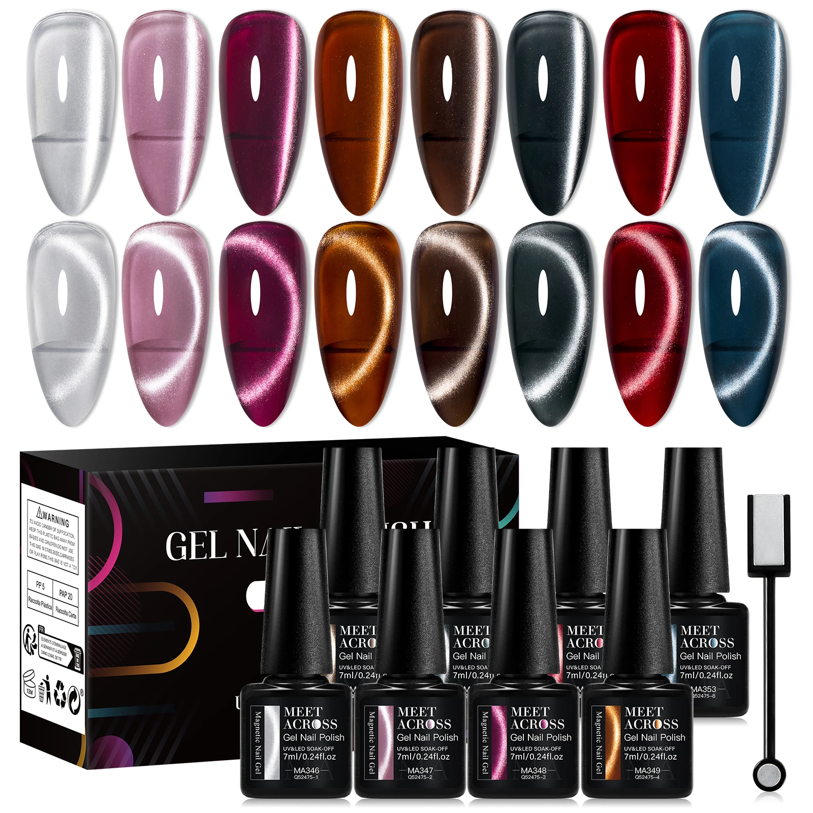 MEET ACROSS 8 pièces/ensemble 9D arc-en-ciel chat vernis à ongles Gel magnétique avec bâton magnétique et boîte tremper Nail Art Gel vernis manucure