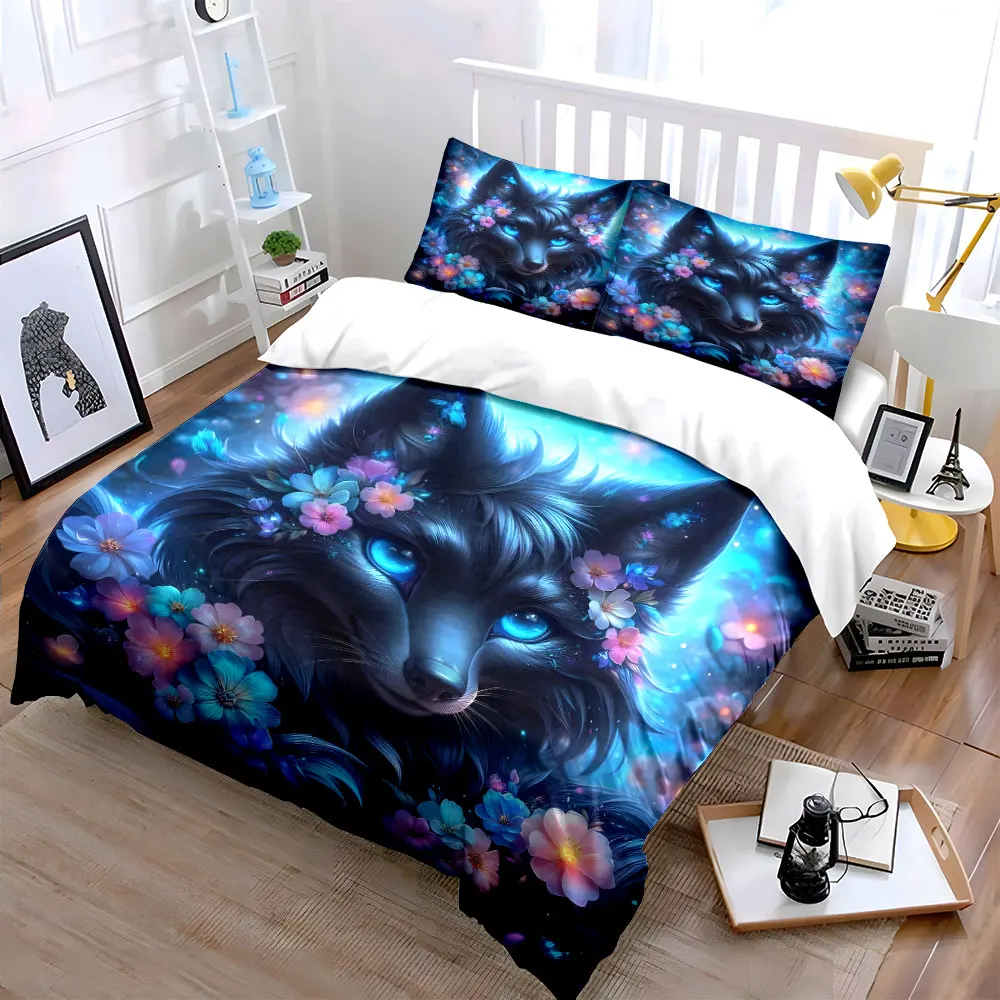Fantasy fox with glowing flowers Printed Duvet Cover Set1 Duvet Cover+2 PillowcaseMulti Size Bedroom Bedding Decoration