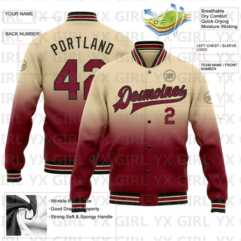 Custom City Cream Crimson-Black Bomber Full-Snap Varsity Letterman Fade Fashion Jacket 3D Bomber