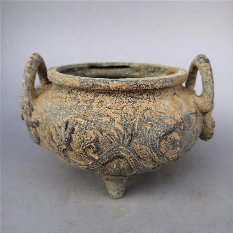 Vintage Brass Double Dragon Ear Incense Censer Antique Unearthed Style Tripod Copper Burner Curio Desktop Decor