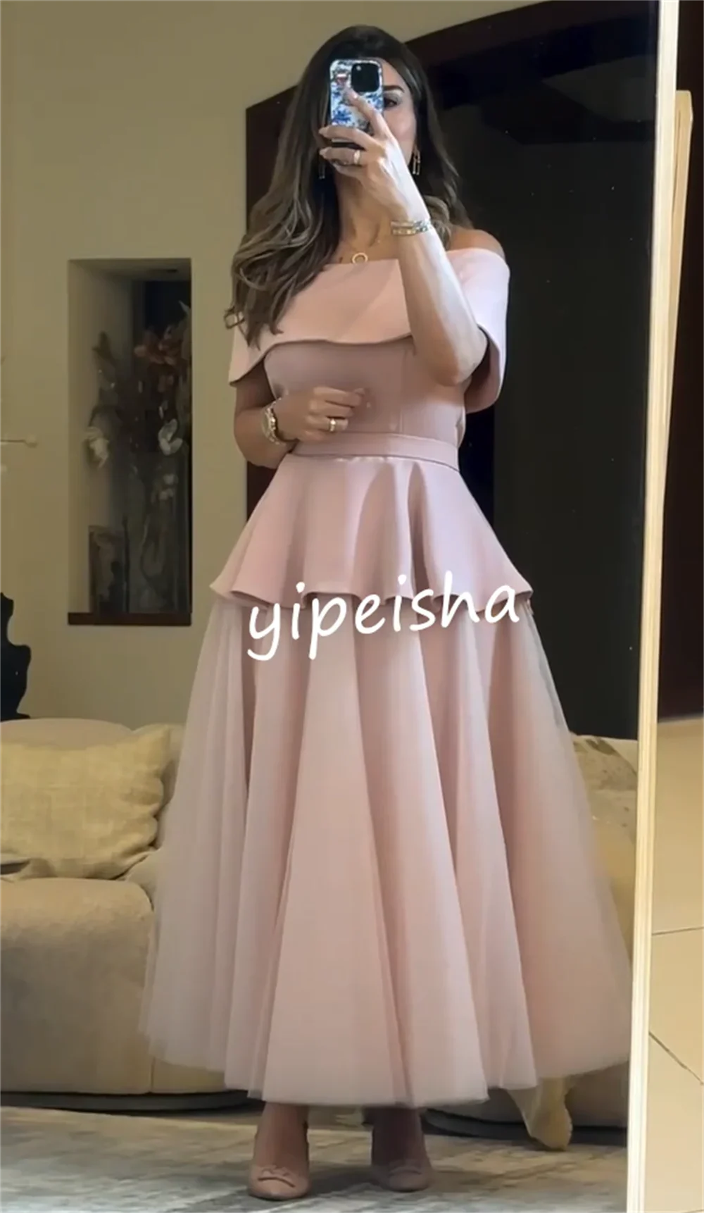 Customized Exquisite Net Draped Pleat Ruched A-line Off-the-shoulder Evening Dresses Casual Simple Retro Fashion Elegant Exquisi