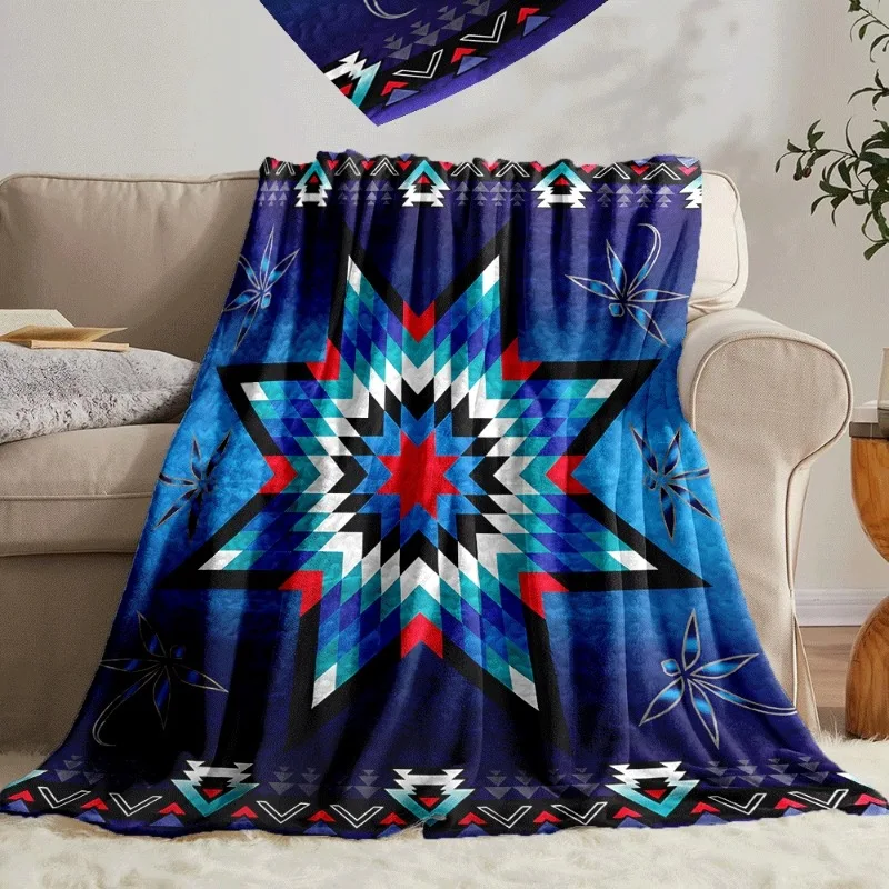 Native American Indian Style Quilted Flannel Blanket - All-Season Southwestern Tribal Bedspread with Star & Motifs Turquoise