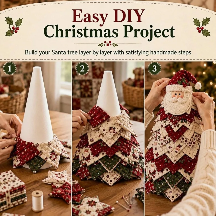 Quilting Santa Claus Christmas Tree Craft Kit - Handcraft Desktop Tree with Patchwork, Fabric Suitable for Winter Holiday Decor, Quilting Sewing Project for Decoration, No Modification Needed