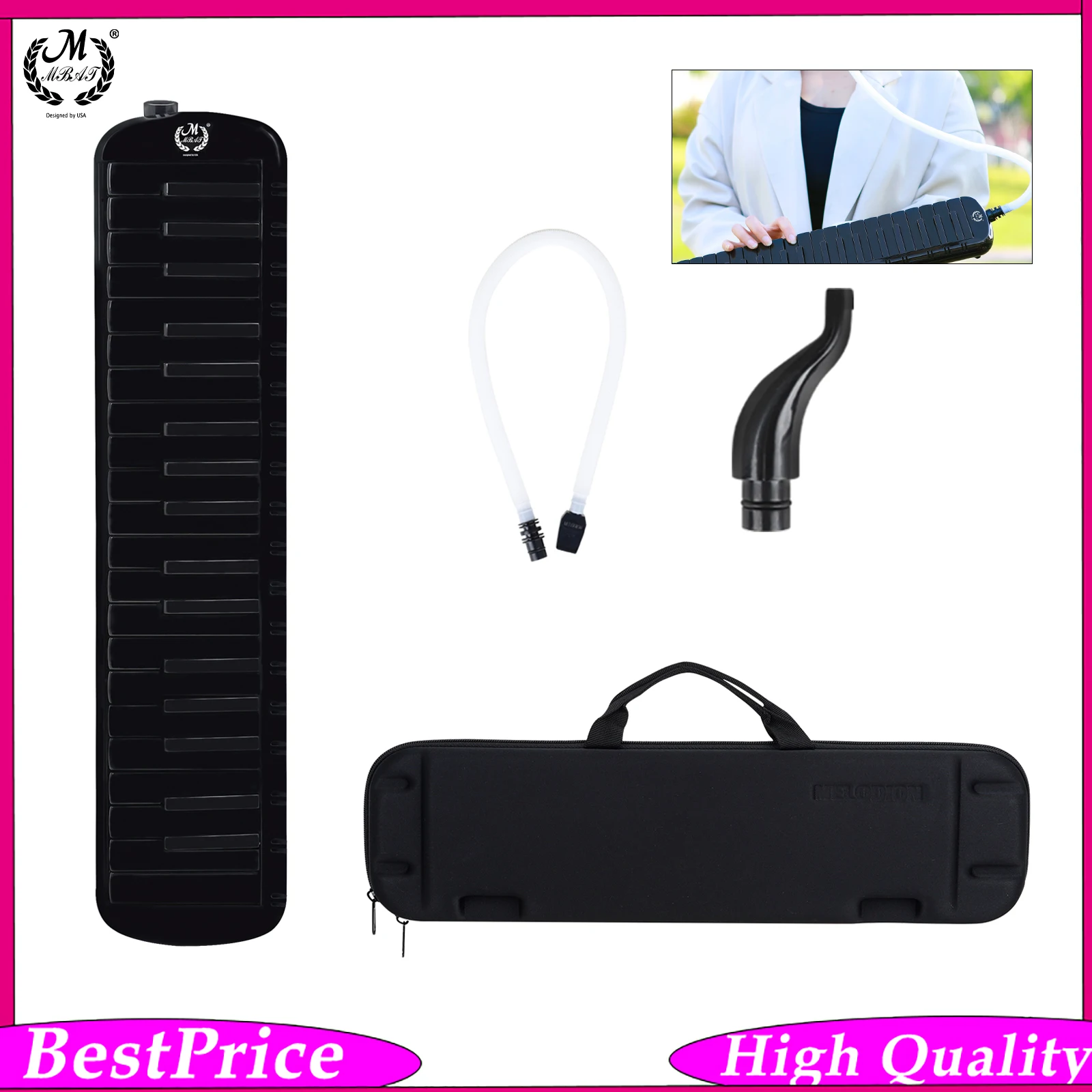 M MBAT 37 Keys Piano Melodica Keyboard Musical Instrument Black with Carrying Bag for Melodica Performance Music Lovers Gift