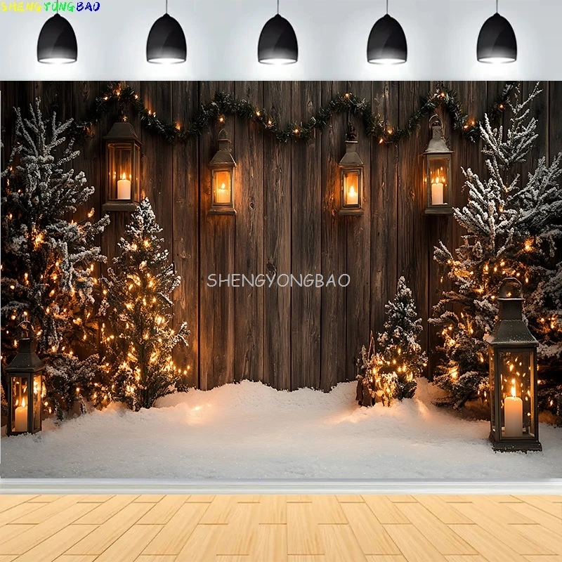 Christmas Day Pine Tree Gift Photography Backdrop Props Xmas Eve Party Decor Fireplace Window Family New Year Background HQ-02