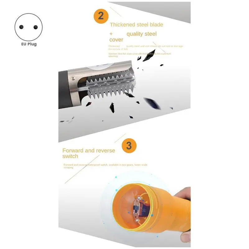 ABUN Electric Fish Scaler 6800RPM, Forward and Reverse Fish Scale Remover, Waterproof Seafood Cleaning Tool, 56W, EU Plug,