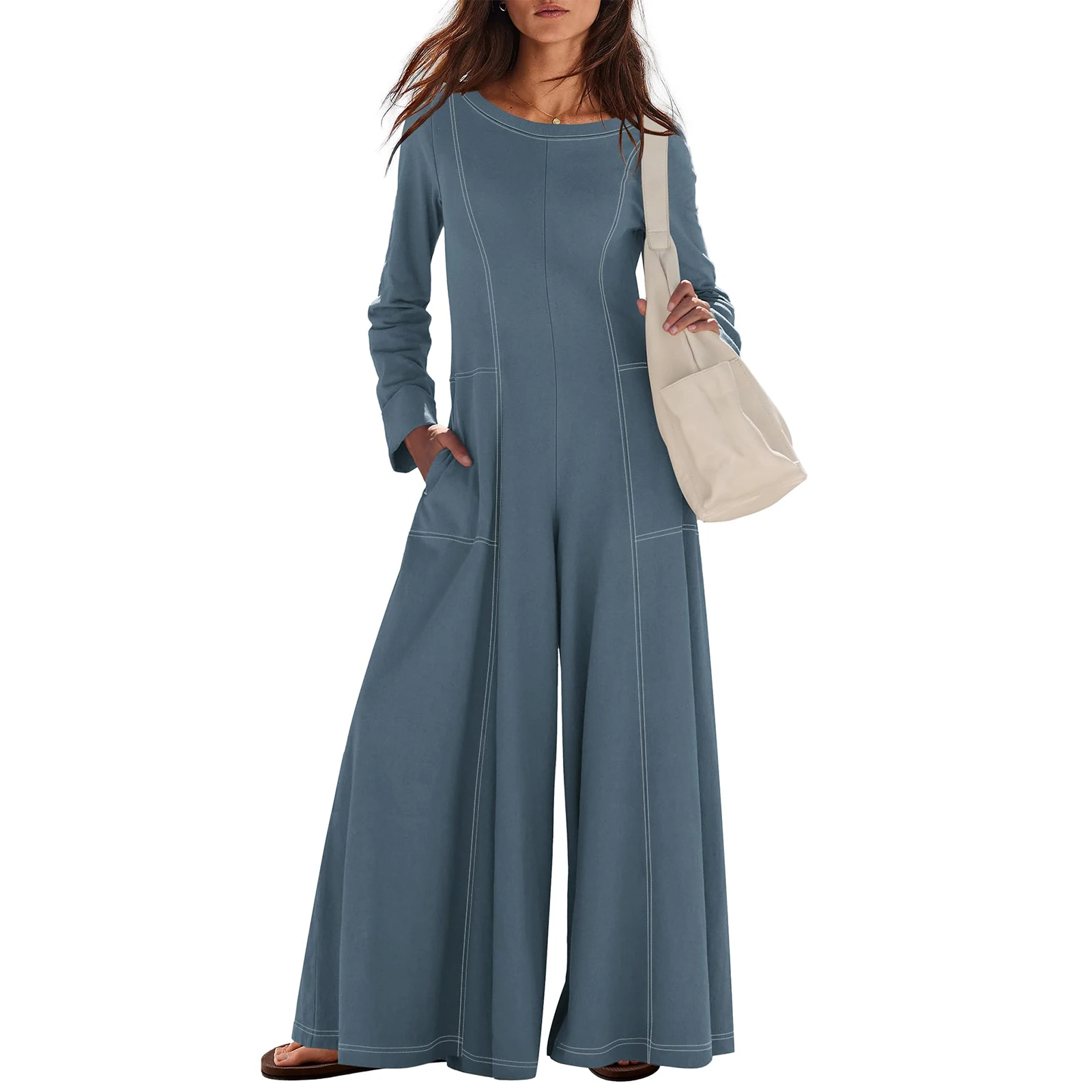 

Long Sleeved And Large Pocket Jumpsuit Loose Wide Leg Jumpsuit Ladies' Fashionable Casual Round Neck Jumpsuit Women'S Jumpsuit