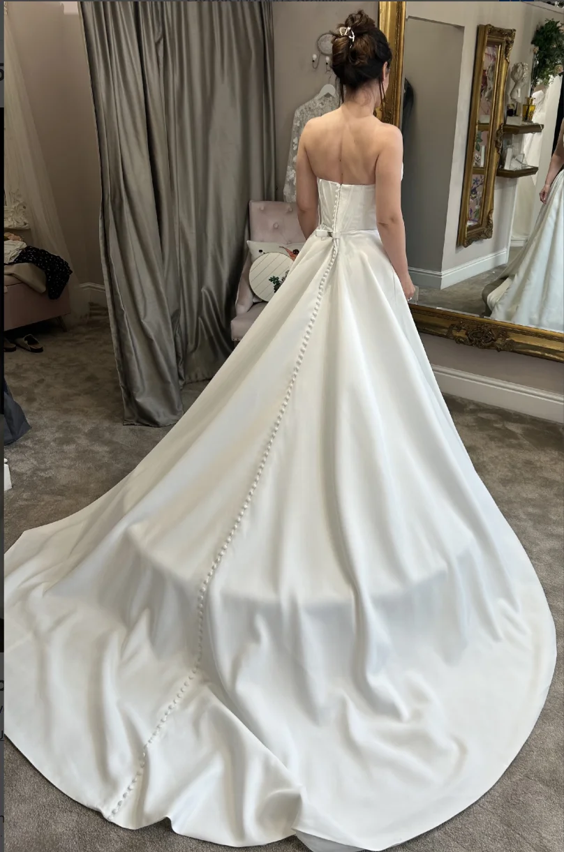 Custom Strapless Cowl Neck Satin A Line Wedding Dress Corset Back Pearl Detail Elegant Bridal Gown With Long Train