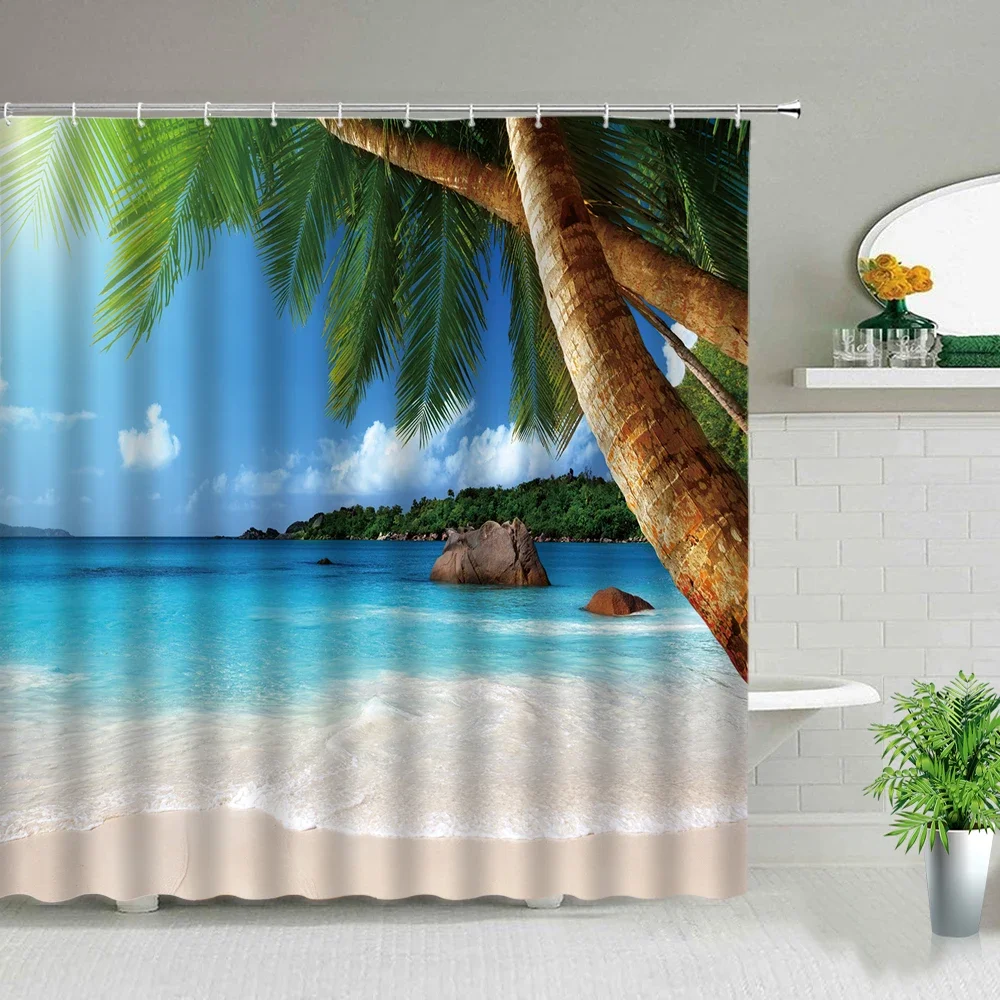 Ocean Sunlight Beach Shower Curtains Sea Wave Blue Sky Hawaii Scenery Shell Starfish Home Decor Bathtub Waterproof Cloth Curtain