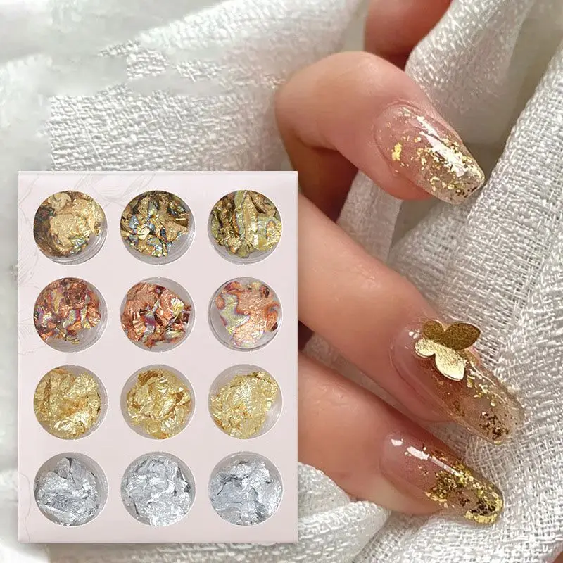 12Grid/Box Gold Silver Irregular Aluminum Foil Paper Nail Art Sticker 3D Glitter DIY Manicure UV Gel Polish Nail Decoration Tool