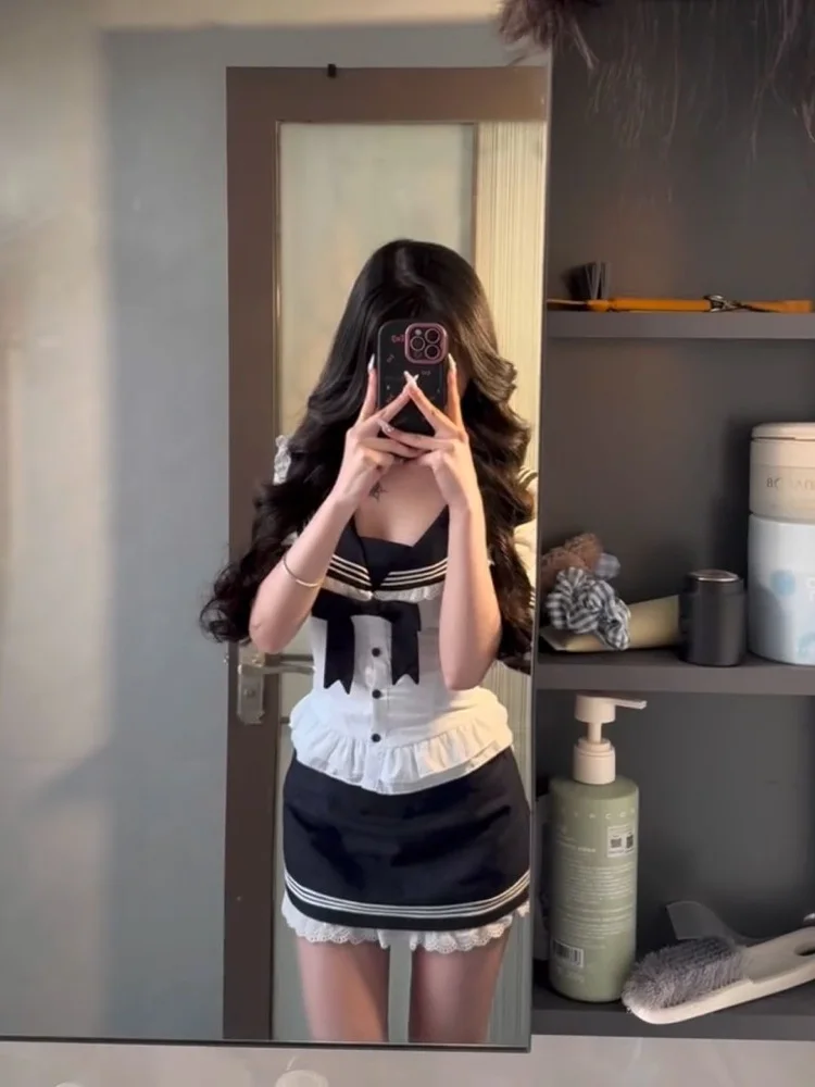 

American College Sle orm Set Navy Collar Summer ort Skirt Chic Sweet And Spicy Girl Whole Set L Brand ort Sve...