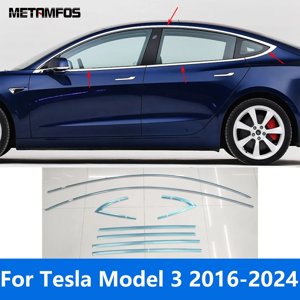 

Аксессуары для Tesla Model 3 2016-2019 2020 2021 2022 2023 2024 из нержавеющей стали верхняя + нижняя оконная рамка порог отделка автомобильный Стайлинг