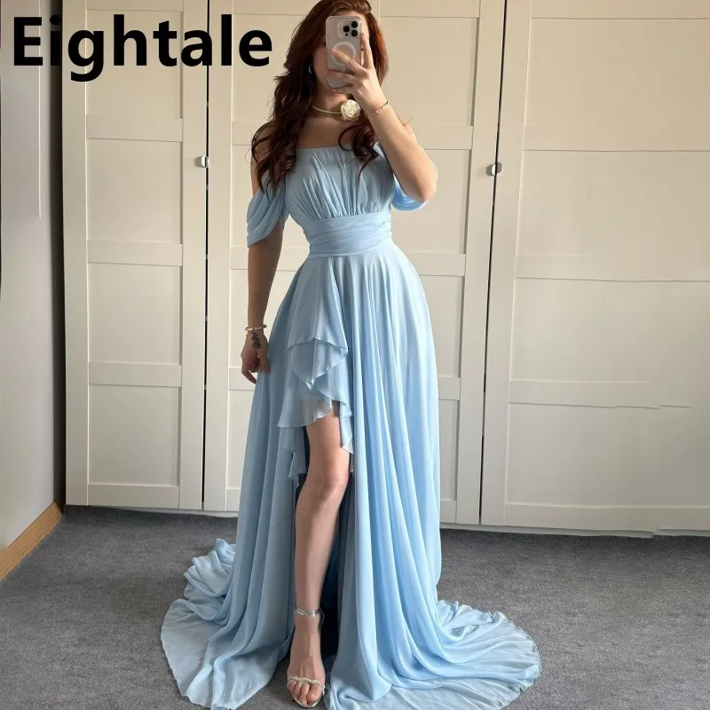 

Eightale 2025 Sky Blue Chiffon A Line Evening Dress Off Shoulder Slit Prom Dress Dubai Formal Party Gown Robe de soiree