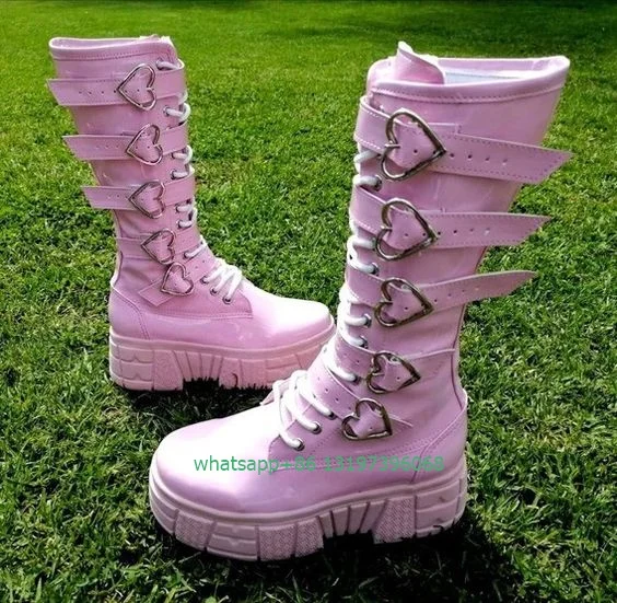 

Lady platform Mary janes pink PU knee boots buckle strap heart shape design boots elegant Y2K Lolita style boots footwear size