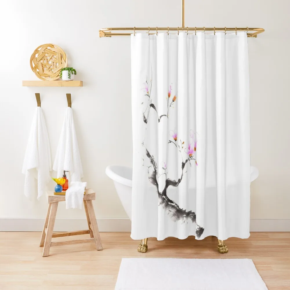 

Charming sumi-e illustration of a budding sakura branch with gentle pink flowers art print Shower Curtain Bath Curtain