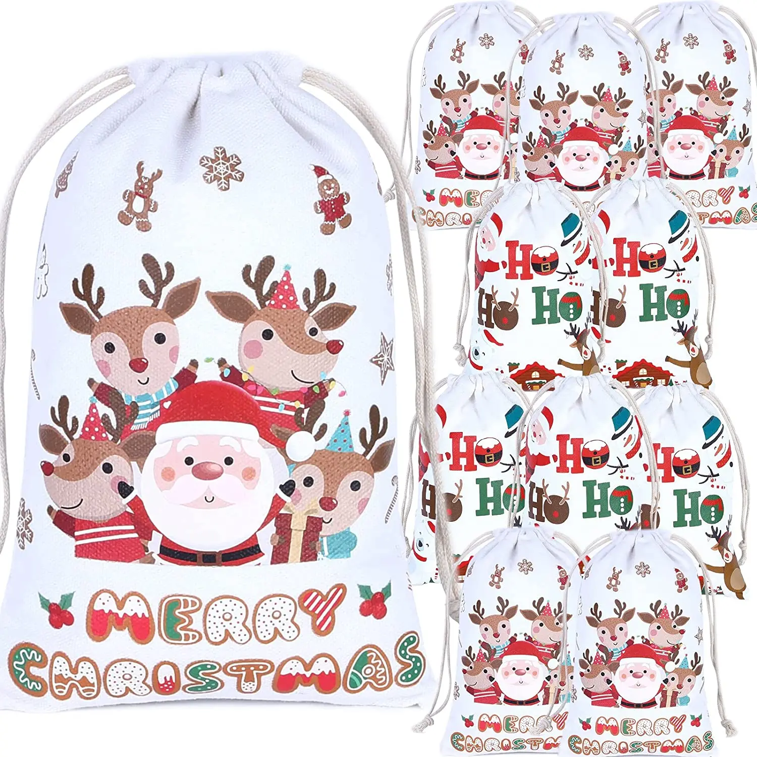 

Funmemoir 12Pcs Christmas Gift Bags Santa Goody Sacks Christmas Drawstring Gift Bags Reusable Cotton Bag Xmas Gift Candy Bags