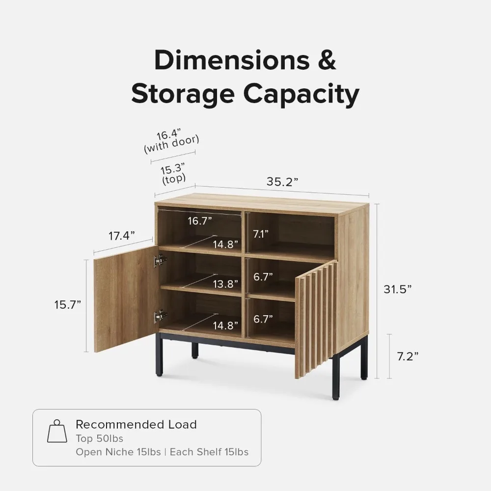 Storage Cabinet, Modern Rustic Industrial Buffet Sideboard, Accent Console Credenza, Fluted Panel Doors, Adjustable Shelves