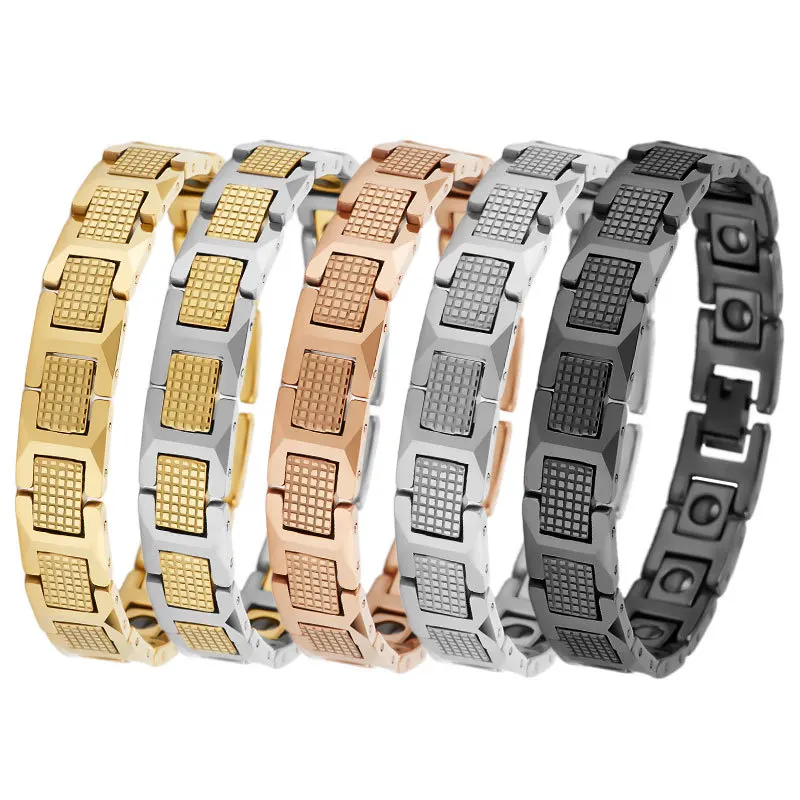 Bracelet magnétique en acier inoxydable couleur or punk 12 mm, chaîne énergétique pour la santé, pour hommes et femmes, style hip-hop, avec aimants en germanium noir, bijou
