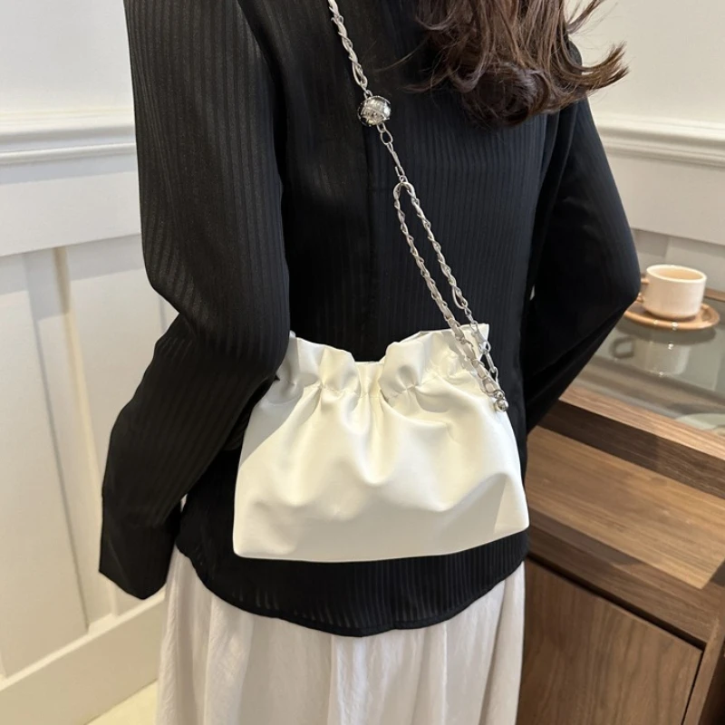Minimalist Cloud Crossbody Bag for Women,Soft Ruched Casual Purse Adjustable Chain Strap,Elegant Shoulder Handbag for Dating