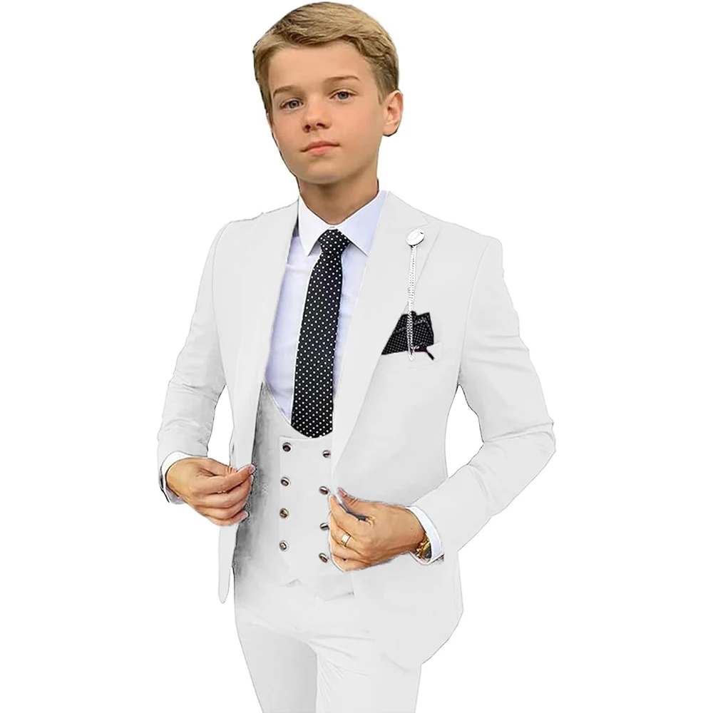 Boy's Formal Suit 3 Pieces Peaked Lapel Jacket U Neck Vest Slim Fit Costume Suits for Boys Elegant Luxury Children Tuxedo