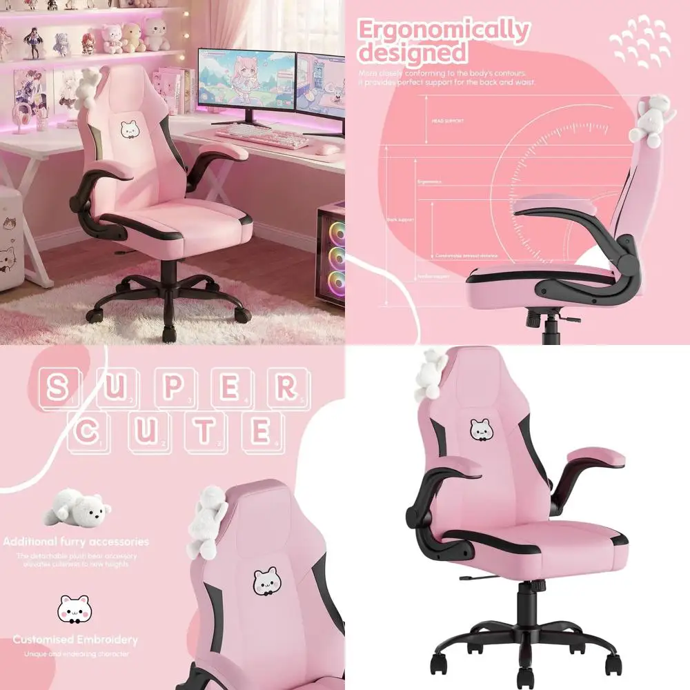 Silla ergonómica rosa para juegos con soporte lumbar, reposabrazos abatibles, cómoda para mujeres y adolescentes, linda silla para juegos de PC, PU Lea