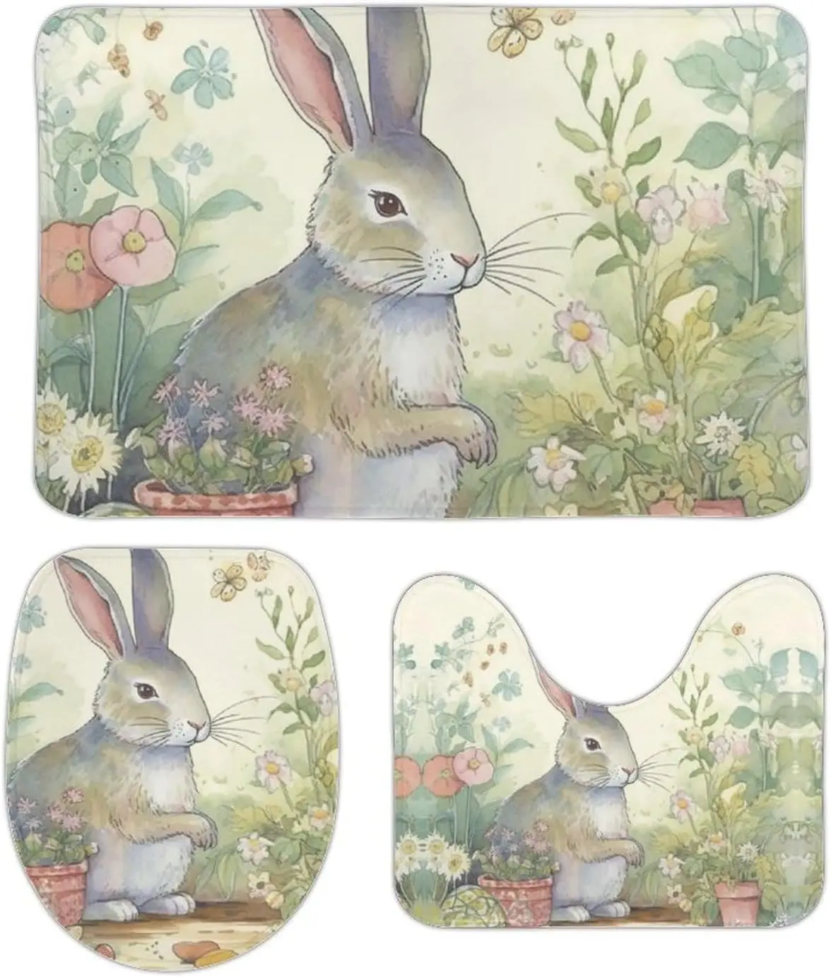 3 Piece Bath Rug Set Non Slip Absorbent Bath Mat Contour Mat with Toilet Lid Cover Garden Bunny Soft Floor Mats for Bathroom