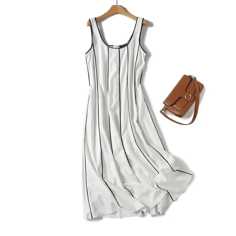 TRAFZA Office Lady Striped Print Women Dress Luxurious High Quality Summer Cami Dress Fashion 2024 Summer Cotton Linen Dress