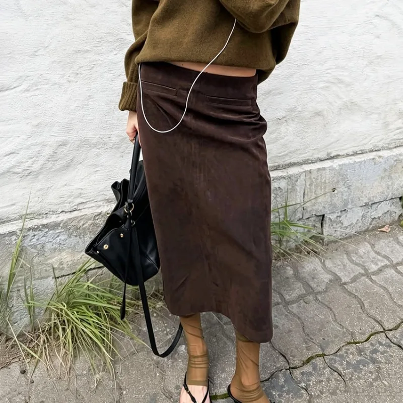 Talenza Women's Suede Skirt Vintage High Waist Brown Straight Skirt Autumn Winter Casual Commute Streetwear Female Skirt Outfits