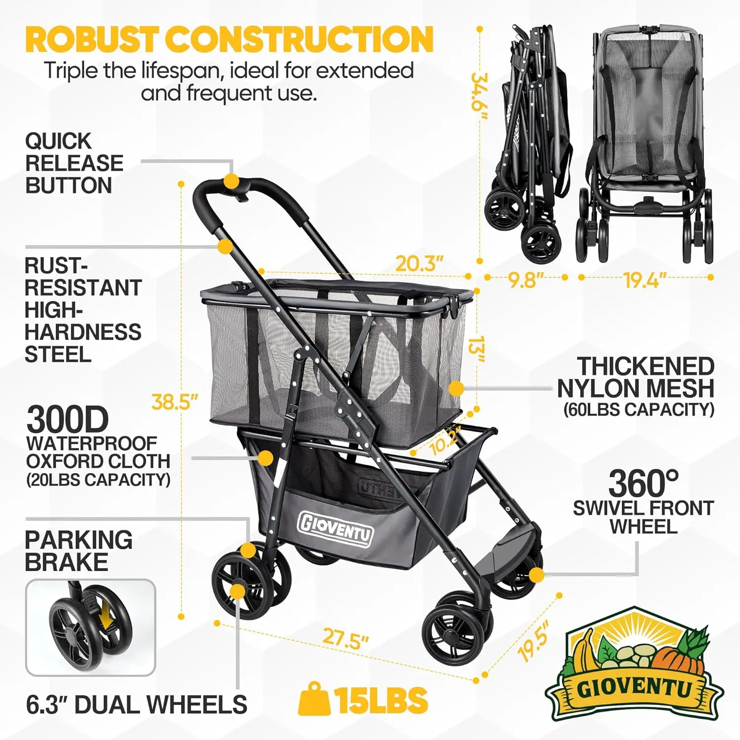 Folding Shopping Cart for Groceries(80lbs), Multifunctional Collapsible Cart with Removable Tote Bag and Swivel Wheels