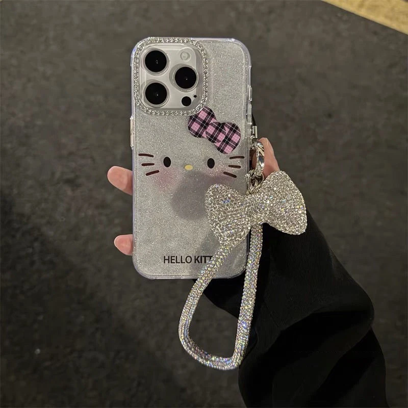 

2Pcs Kawaii Sanrio Anime Iphone Mobile Phone Shell Cute Hello Kitty Cartoon Ins Shimmering Powder Bow Chain Gifts for Girls