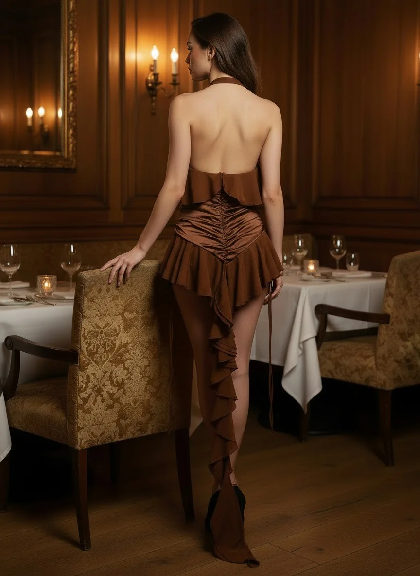 

2026 Women Sexy Sleeveless Flowers Ruched Brown Bodycon Dress Birthday Party Costume Bar Nightclub Stage Performance Clothing