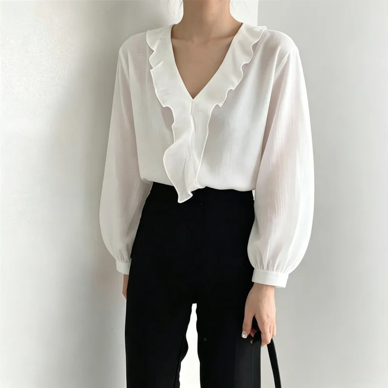 

Karofi Women Elegant Ruffled V Neck Blouse Long Sleeve Sheer White Shirt Office Ladies Casual Commute Gentle Style Tops BL411