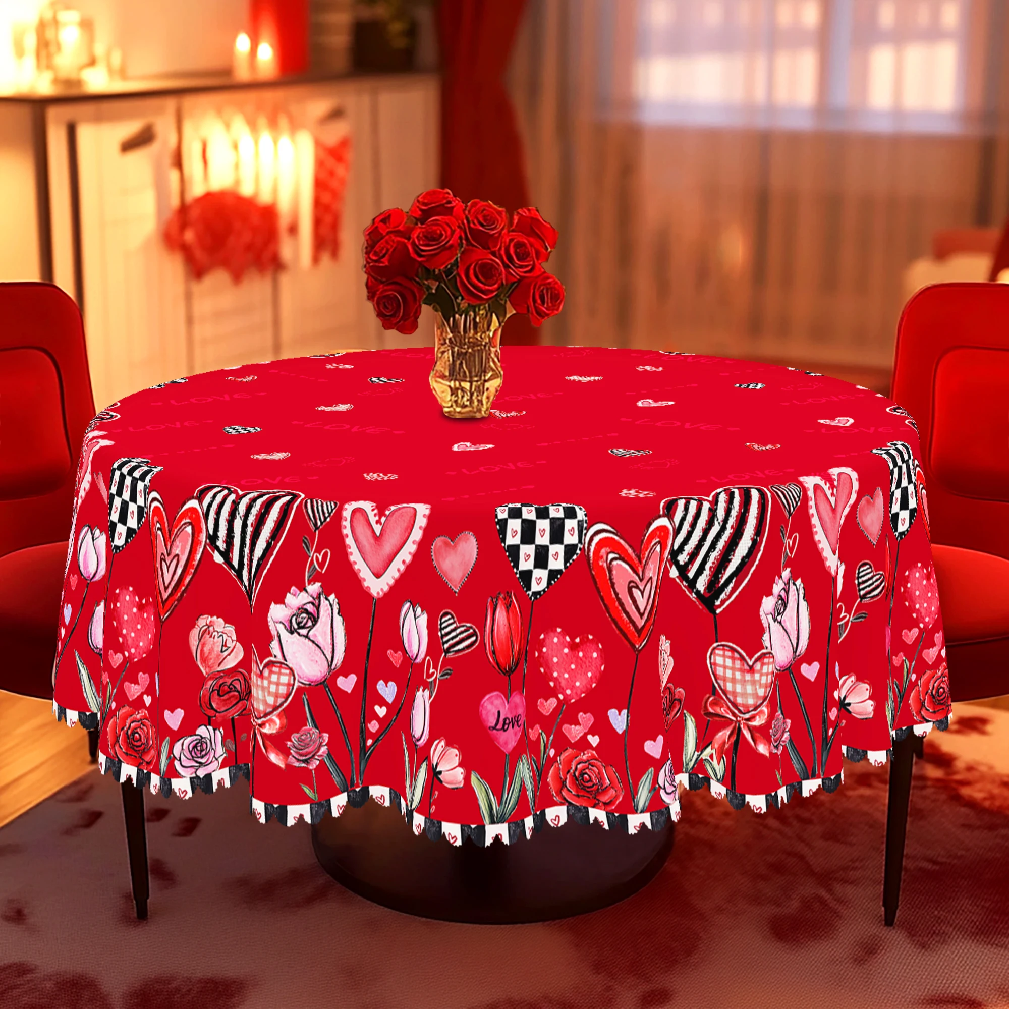 1 Piece Valentine\'s Day Round Tablecloth, 5 Sizes Available, Romantic Heart-Shaped Printed Square Tablecloth, Edge Embossing Process, Wedding Garden