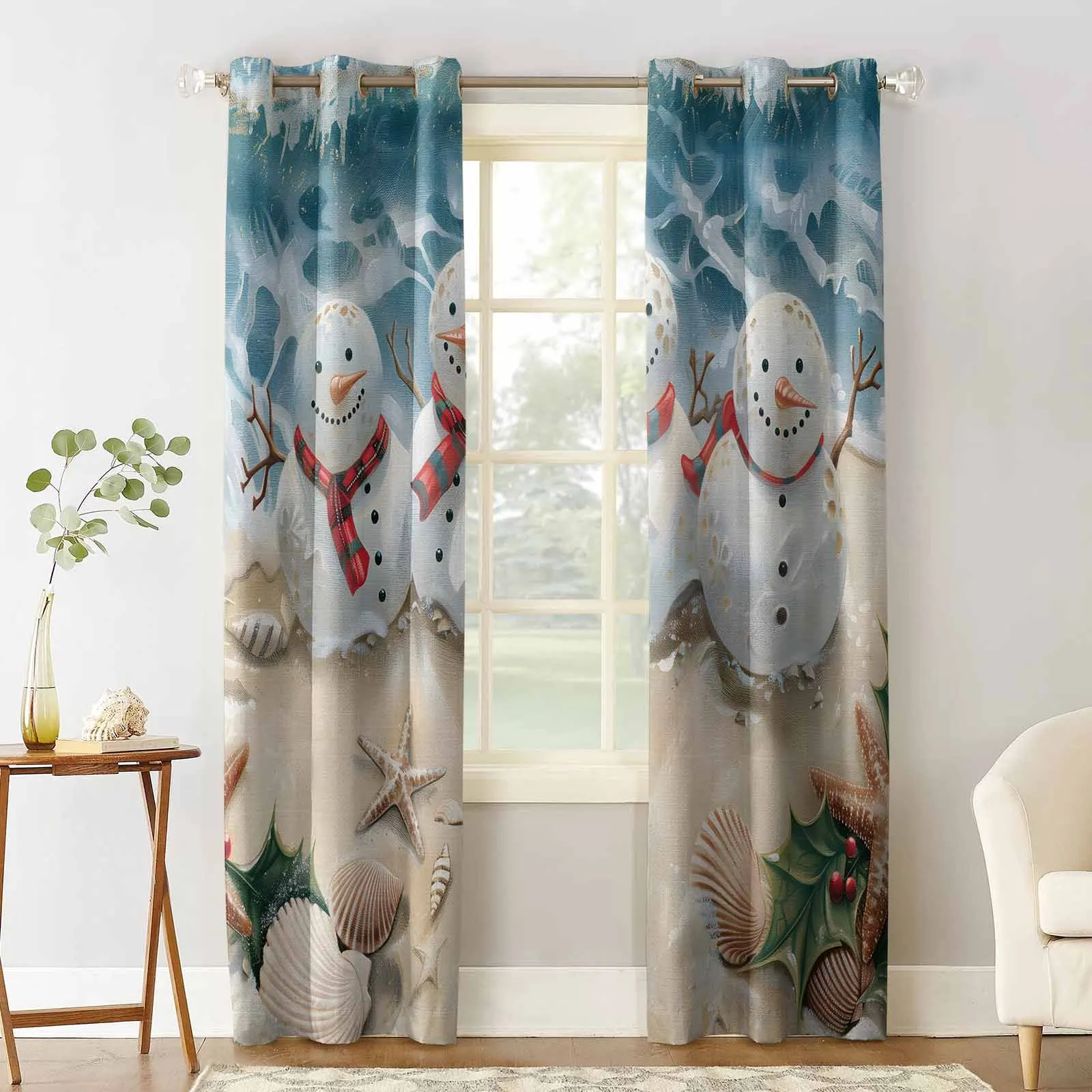 Christmas Beach Snowman Sea Star Shell Blackout Curtains For Living Room Bedroom Window Treatment Blinds Drapes Kitchen Curtains