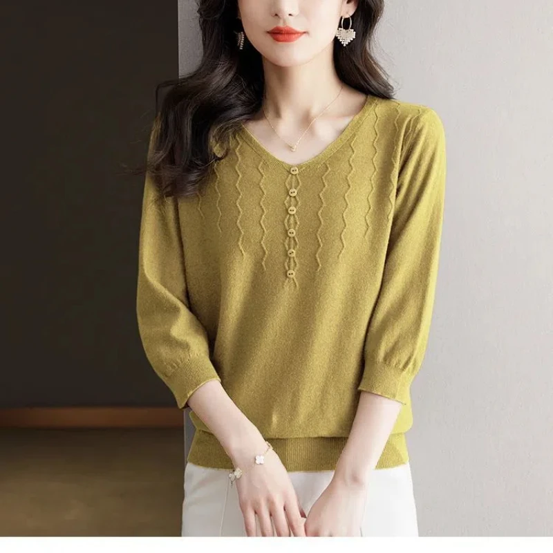 Spring Autumn Women\'s Clothing Solid Color Round Neck Pullover Sweater Knitted Casual Elegant Three Quarter Button Vintage Tops