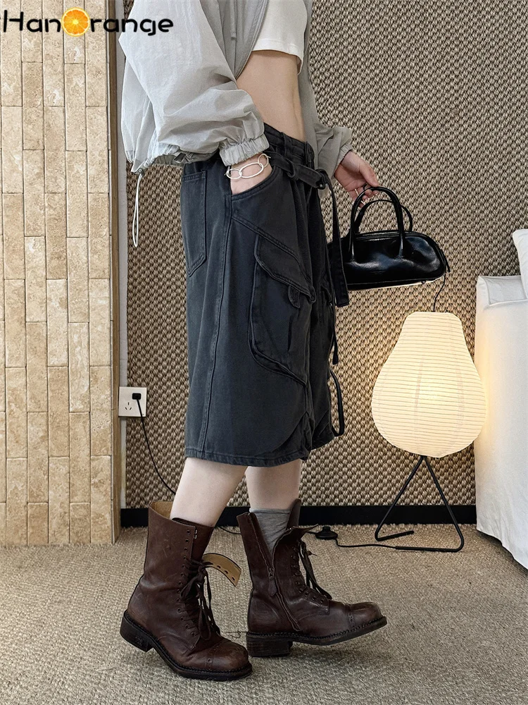 HanOrange 2026 Spring/Summer Workwear Style High-Waist 3D Pockets Calf-length Jeans Women Loose Trendy Denim Capri Apricot/Gray
