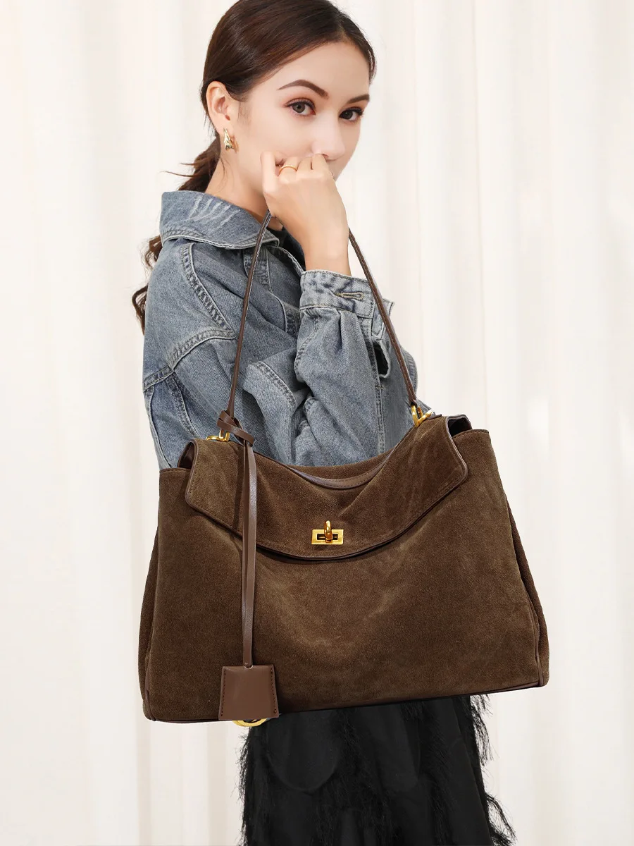 2026 Vintage Suede Genuine Leather Tote Shoulder Bag Women Luxury Frosted Cowhide French Flap Briefcase Messenger Crossbody Bag