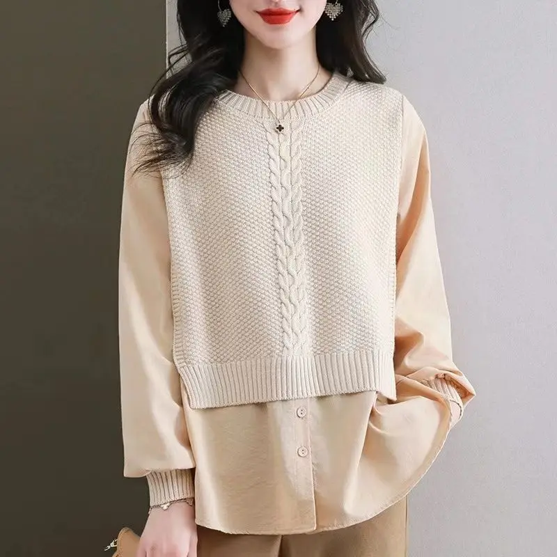

Luxury New Round Neck Fashion Knit Sweater Fake Two Piece Top Stylish Shirt
