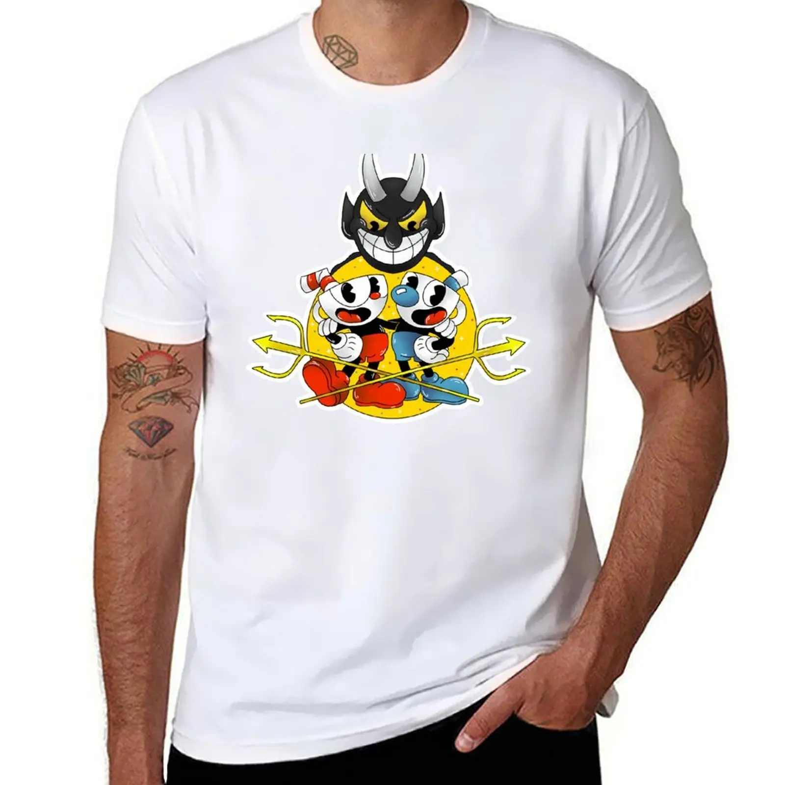 

Cuphead and Mugman with the Devil T-Shirt anime tshirt t shirts for man graphic tees T-Shirt